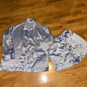 Victorias Secret Y2K Pajama Set XS Blue Satin Sleepwear Lounge Green Trim Shorts